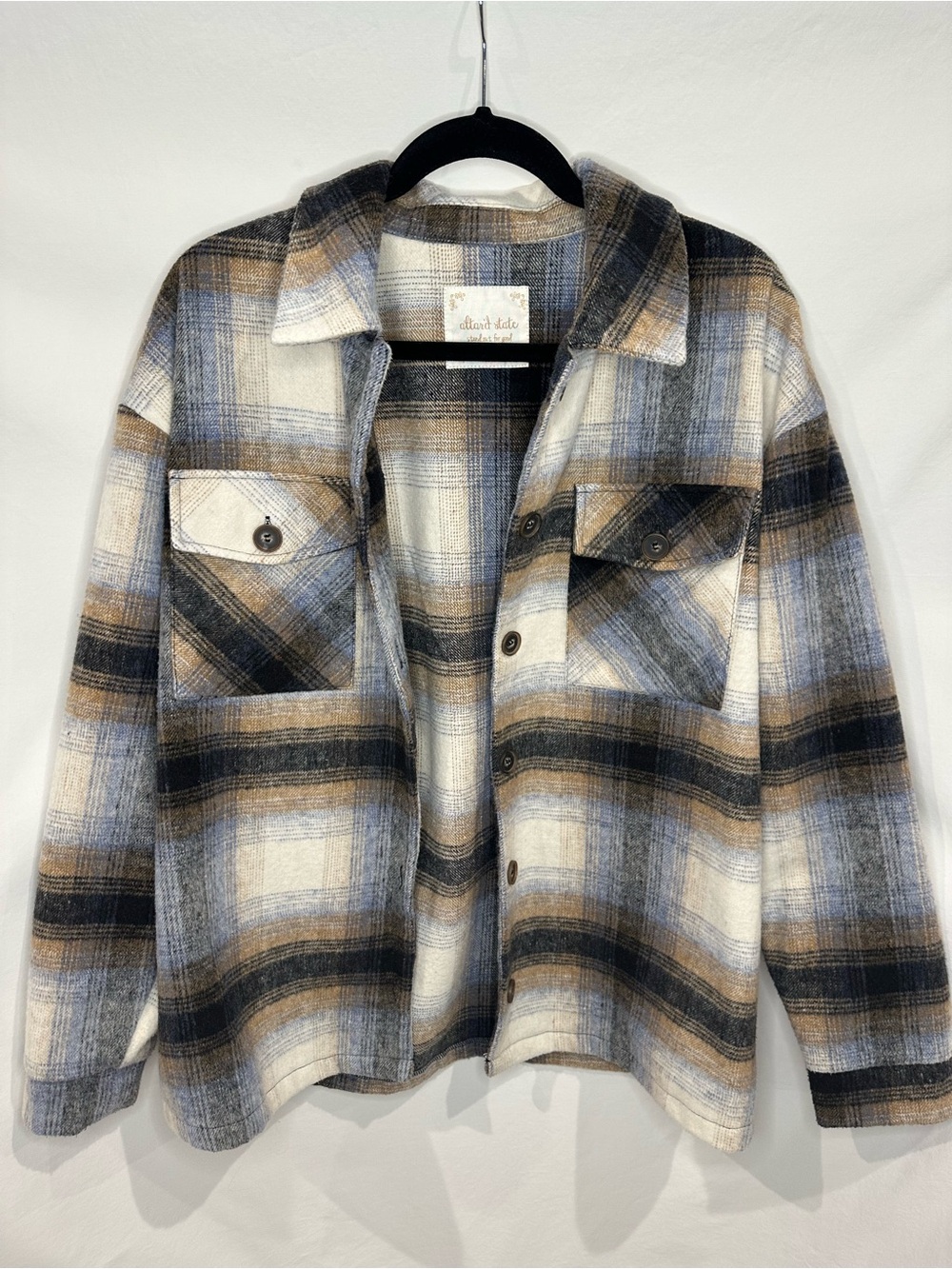Altar'd State Plaid Shirt Jacket in Cream, Brown & Blue